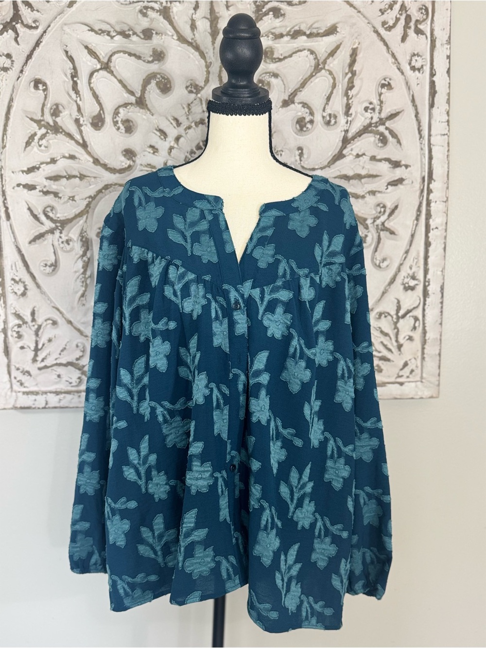 Pioneer Woman Blue Floral Button Front Shirred Tunic – 1X (16W-18W) NWT